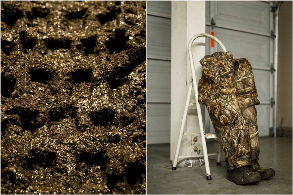 fools gold art piece camouflage pants and boots posed on a step stool