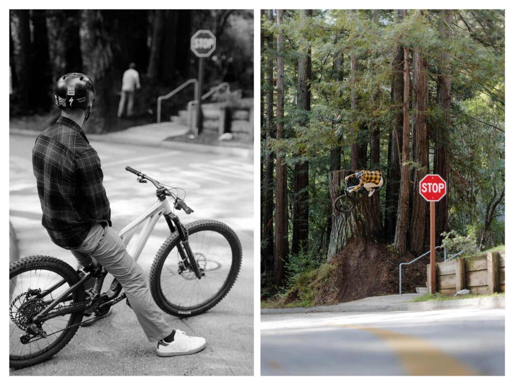 Diptych of mountain biker sitting on bike in left image and mountain biker mid air next to a stop sign in right image