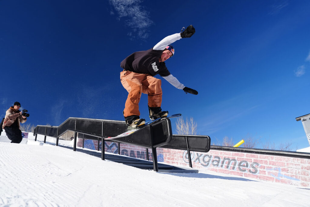 Benny Milam during Mens Snowboard Street Style Practice at 2025 X Games Aspen at Buttermilk in Aspen, CO