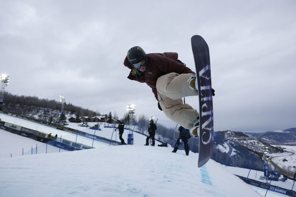 Mia Brookes during Womens Snowboard Knuckle Huck Final at 2025 X Games Aspen at Buttermilk in Aspen, CO