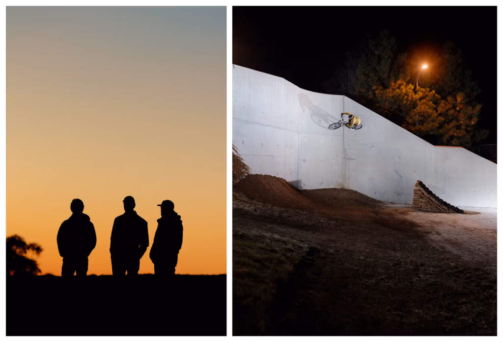 Diptych of High Vis crew silhouettes in left image and mountain biker riding on wall in right image