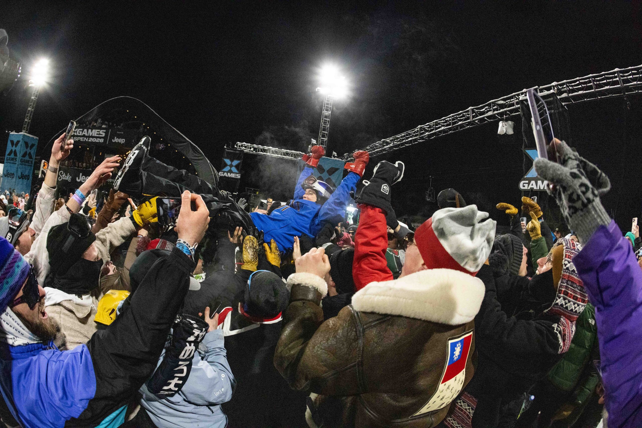 Scotty James crowd surfing after winning gold at X Games Aspen2026
