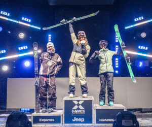 Three finalists on the podium at the Aspen 2026 womens ski superpipe event