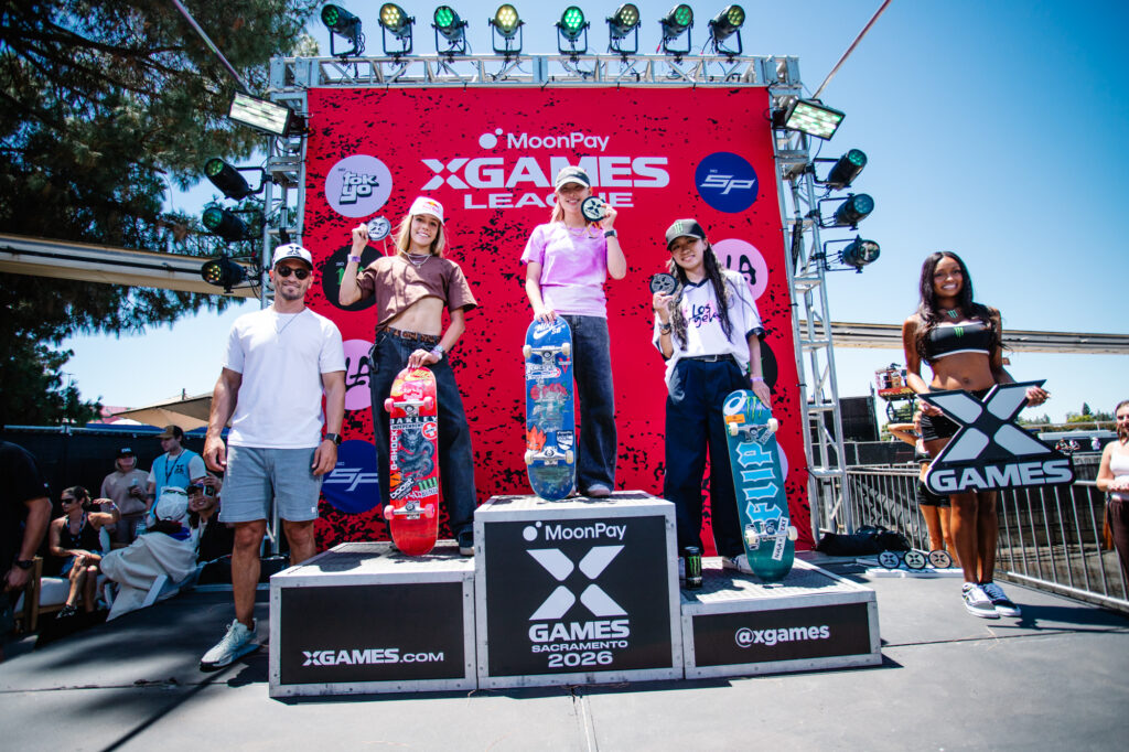Monster Energy Women’s Skateboard Street Best Trick Final Podium: Miyu Ito (gold), Paige Heyn (silver), Ibuki Matsumoto (bronze), MoonPay X Games Sacramento 2026. Photo Credit: Ortiz/X Games