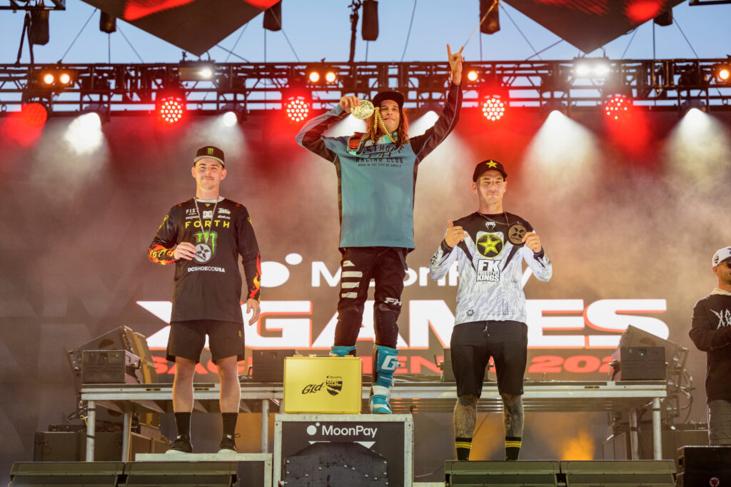 Moto X Best Trick Podium: Patrick Evans (1), Ben Richards (2), Rob Adelberg (3), MoonPay X Games Sacramento 2026. Photo Credit: Swanburg/X Games